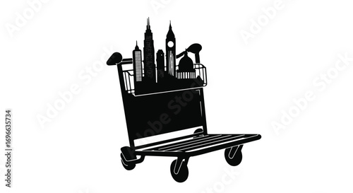 Traveler's luggage cart carrying iconic city skyline silhouette, representing global journeys.