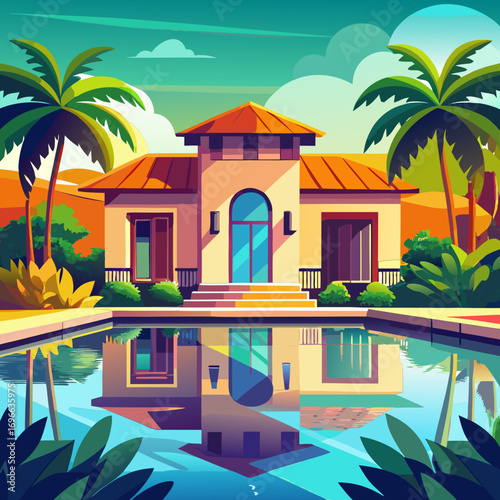 Vibrant tropical villa with sparkling pool and palm trees vector illustration