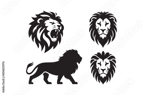 Collection of black and white lion head and silhouette illustrations