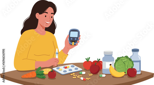 Woman Testing Blood Sugar with Glucometer, Healthy Meal Prep, and Medication - Diabetes Care Vector png