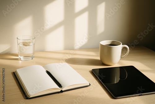 Morning sunlight casts soft shadows across a minimalist workspace featuring a notebook, coffee mug, tablet, and glass of water on a wooden desk. Ai generative