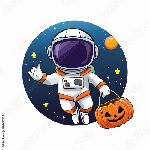 Astronaut holding a Halloween pumpkin bucket