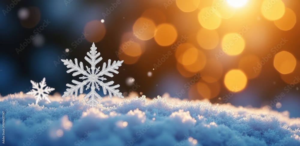 Naklejka premium Sparkling snowflake on snowy ground with warm bokeh lights
