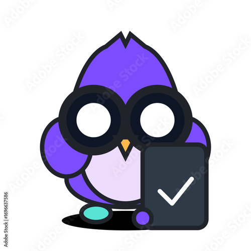 Cute vector mascot of an owl with glasses holding a tablet, designed for educational mobile app, bold flat colors