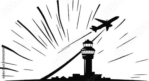 Dramatic silhouette of an airplane ascending near an air traffic control tower against a stylized sky.