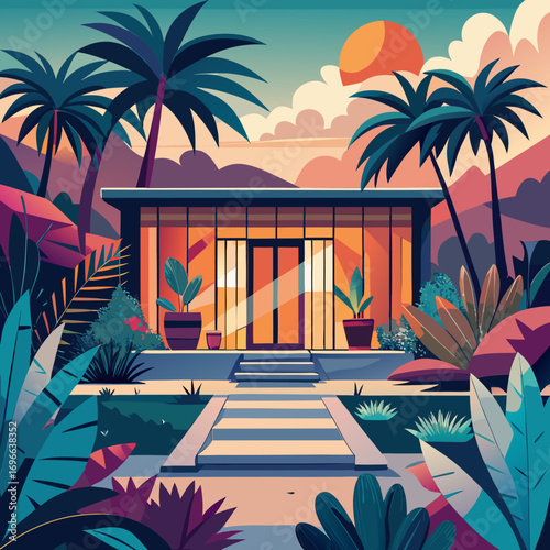 Vibrant tropical villa illustration with lush vegetation and modern architectural elements