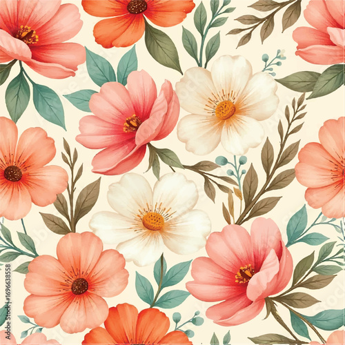 Seamless floral pattern, fabric style, hand-drawn background design 