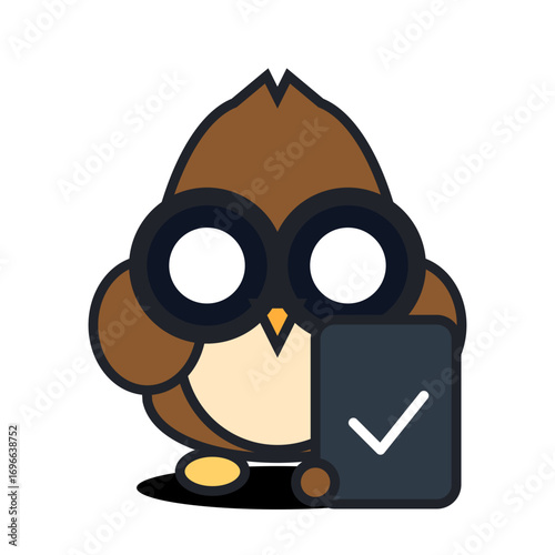 Cute vector mascot of an owl with glasses holding a tablet, designed for educational mobile app, bold flat colors