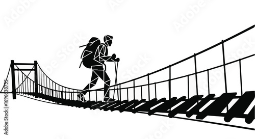 Adventurous hiker crosses a suspension bridge, symbolizing journey and achievement
