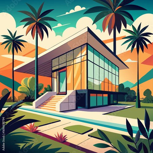 Contemporary glass front home tropical oasis vibrant vector illustration scalable modern architecture design