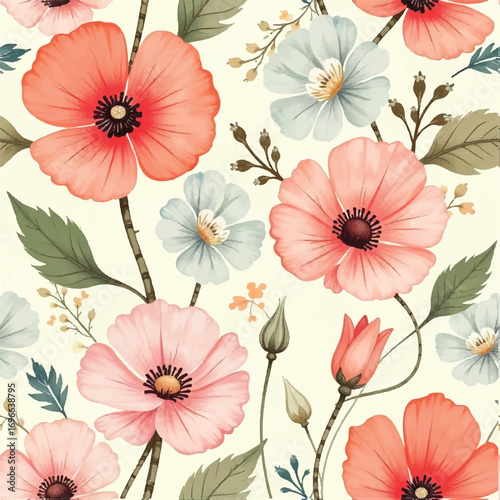 Seamless floral pattern, fabric style, hand-drawn background design 