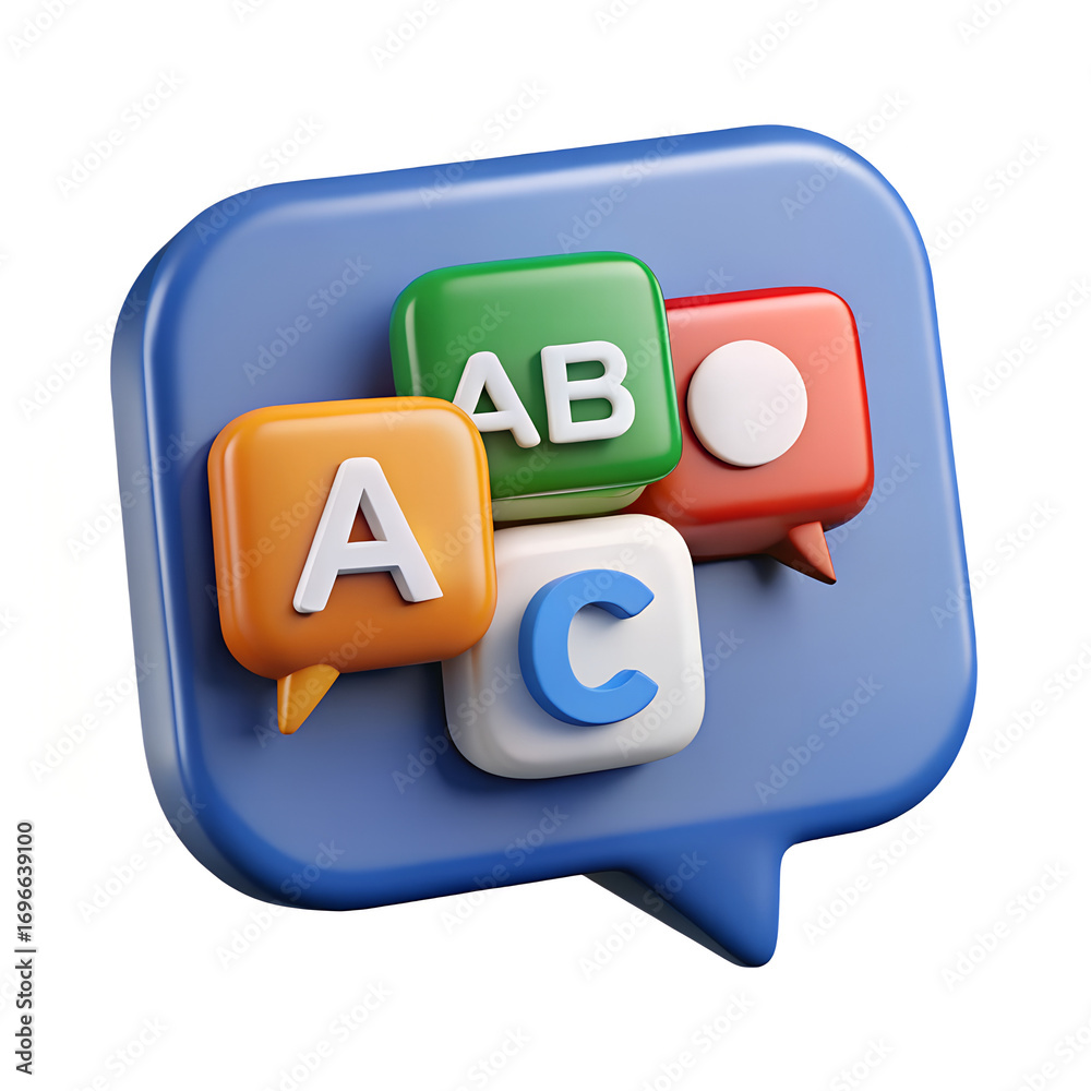Obraz premium 3D icon of language learning and communication with alphabet letters in speech bubbles, with a transparent background - Generative AI 
