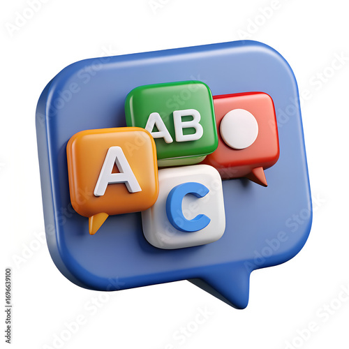 3D icon of language learning and communication with alphabet letters in speech bubbles, with a transparent background - Generative AI
