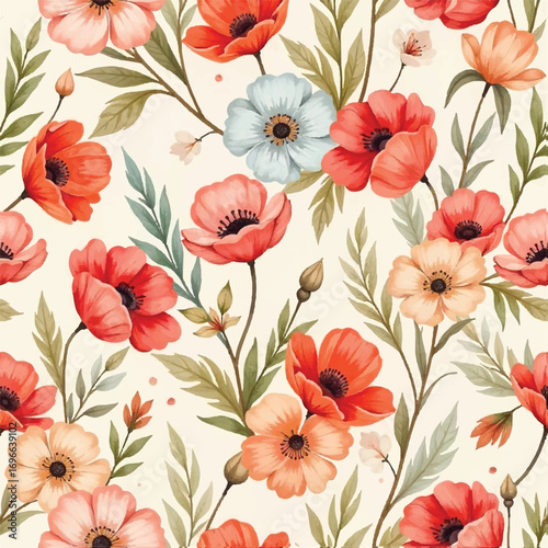 Seamless floral pattern, fabric style, hand-drawn background design 