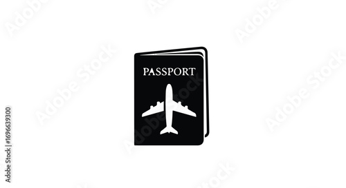 Black passport with airplane graphic, symbolizing travel and global journeys