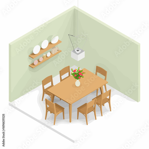 Isometric dining room vector with table and chairs. Great for family lifestyle, home design, restaurant branding, and food-related projects.