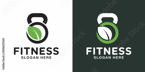Fitness Logo with Kettlebell and Green Leaf Icon