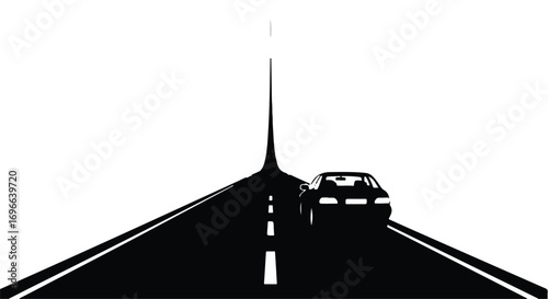 A solitary car drives down a long, straight road towards a bright horizon.