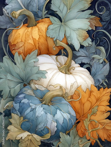 Artistic illustration of pumpkins in orange blue and white colors surrounded by detailed textured leaves, elegant autumn harvest composition perfect for Thanksgiving decoration print design