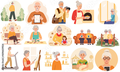 Collection of senior people in everyday life. Diverse elderly men and women portraits. Set of happy and active senior characters. Elderly people in various daily activities illustration. Elderly set