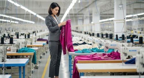 A woman in a suit working in a large, well-lit factory with multiple sewing machines and rows of fabric.