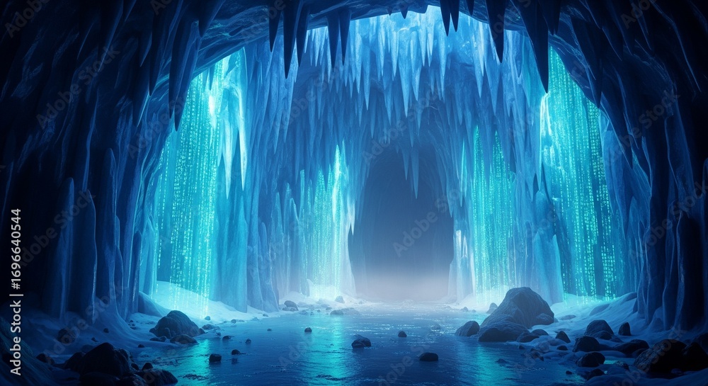 Fototapeta premium Blue Matrix Ice Cave Shimmering With Digital Codes
