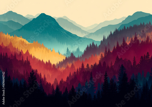 Beautiful mountain landscape with layers of colorful hills and forest trees at sunrise misty morning, abstract nature background perfect for adventure travel posters