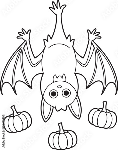 Cute halloween bat hangs upside down surrounded by carved pumpkins vector coloring page