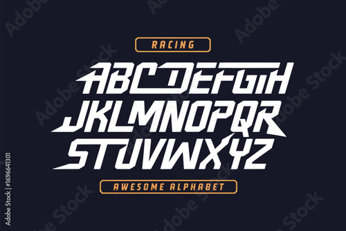 Aggressive italic display font with a modern, sporty feel. A complete vector alphabet for dynamic graphic design projects