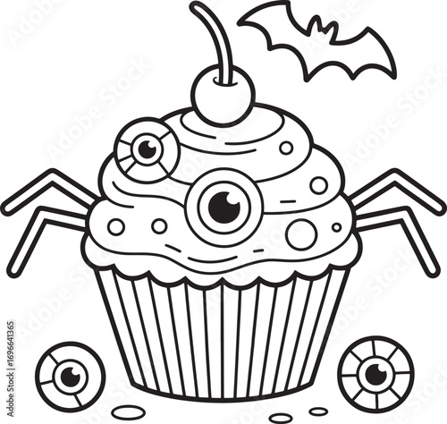 Spooky spider cupcake with cherry and bat for halloween fun coloring page vector