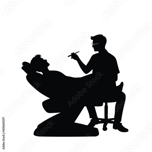 Dentist with probe and patient in dental chair silhouette Keywords: dentist, patient, dental