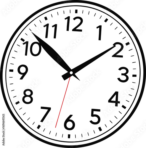 Vector art of a closeup view of a white analog clock face with black numbers and hands