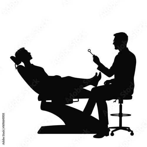 Dentist with mirror and patient in dental chair silhouette Keywords: dentist, patient, dental