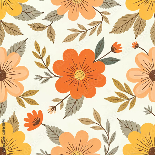Seamless floral pattern, fabric style, hand-drawn background design 