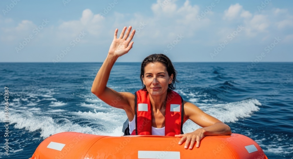 Obraz premium A woman in a life jacket on a boat, waving at the camera.