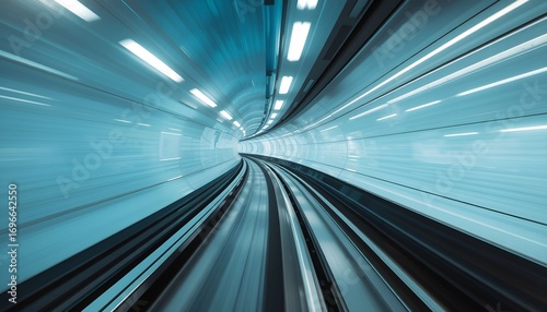 High-speed journey through a futuristic, illuminated blue subway tunnel creating motion blur.