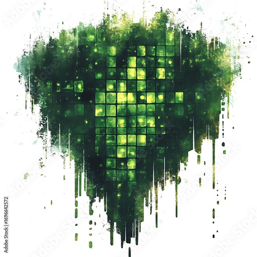 Abstract Green Pixelated Splatter with Dripping Effect on photo White Background image