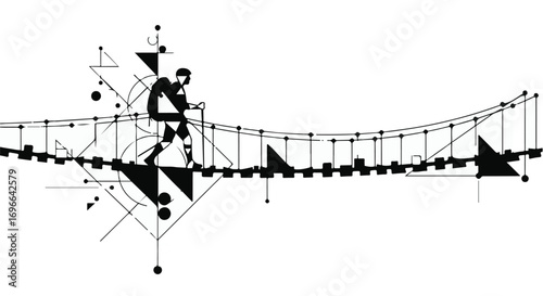 Lone adventurer crosses a dynamic, abstract suspension bridge towards an unknown future.