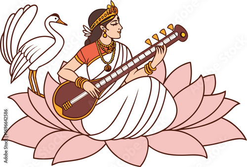 Realistic Goddess Saraswati Illustration Design. Detailed Saraswati Devi Artwork with Veena. Beautiful Goddess Saraswati Creative Artwork. Realistic Saraswati Illustration for Festival Theme