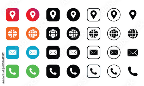 Latest contact icon vector set 2026. Phone, Email, Website, Location pin. In square, round, outline styles. Vector illustration