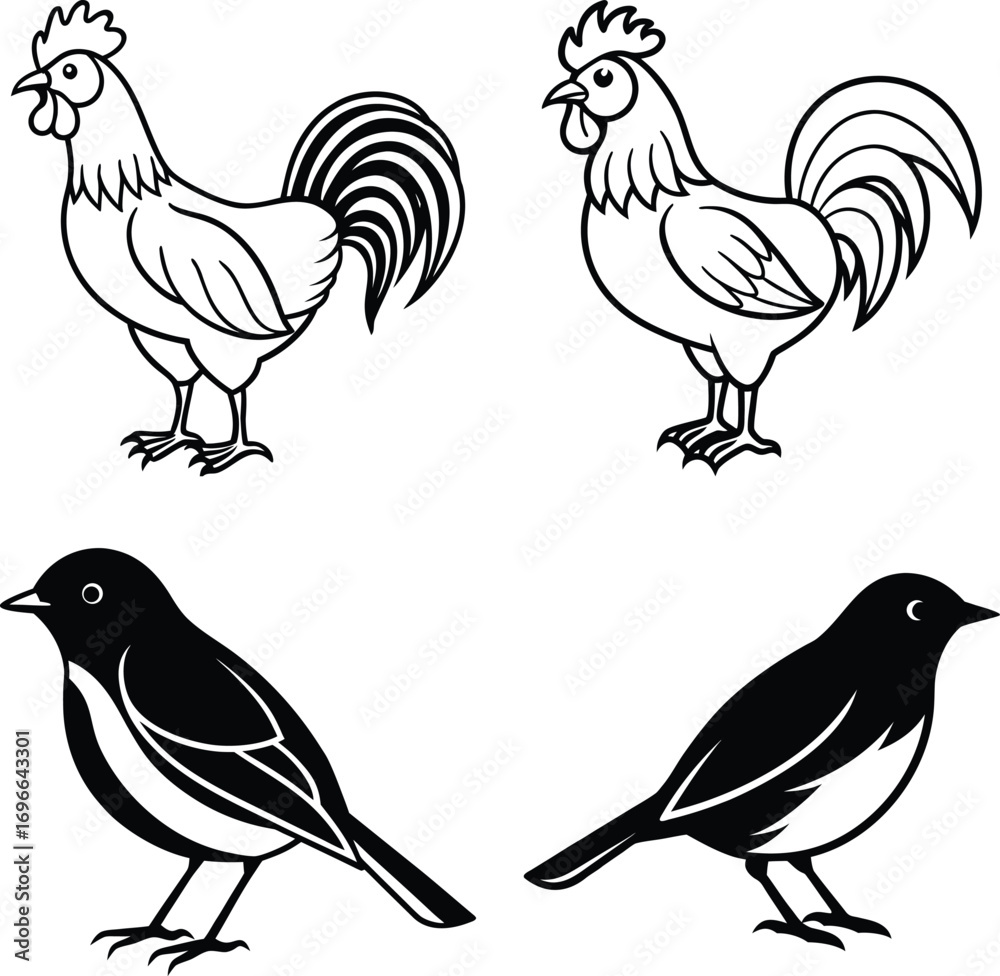 Naklejka premium Set of hand drawn birds ,Tropical Birds ,Democratic Republic of the Congo and Birds Colorful collection of abstract birds
