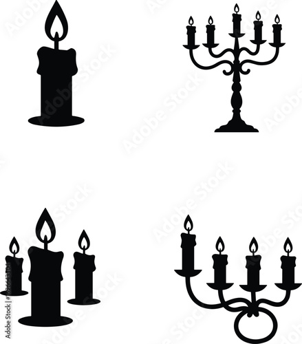 Collection of silhouette candle icons featuring single candles and candelabras for decorative use