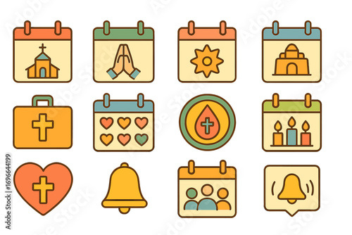 Church and worship icon set. faith, religion, spiritual icons in outline style