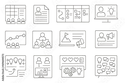 Business outline icon set. strategy, teamwork, analytics icons outline collection