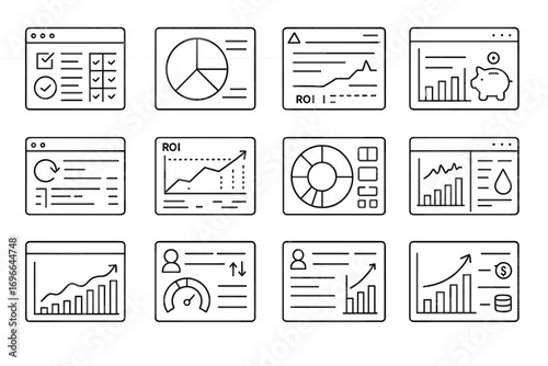 Business analytics line icon set. data, charts, growth, graphs illustrated