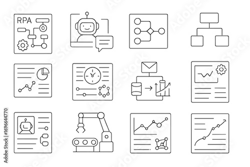 Technology, automation line icon set. robotics, ai, workflow linear collection