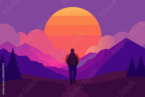 Person walking towards the sunset in the mountains