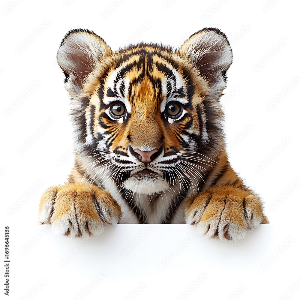 Fototapeta premium Adorable Tiger Cub Peeking Over photo White Surface With Paws baby tiger animal
