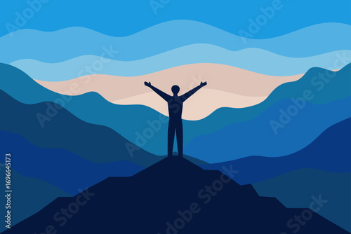 Silhouette person arms raised mountain landscape art