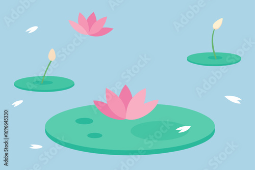 Illustration of water lilies on a light blue pond